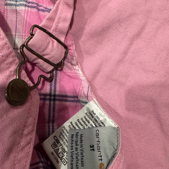 Toddler Carhartt Pink Plaid-Trim Cotton flannel lined Overalls - Picture 3 of 9